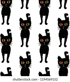 Seamless pattern for Halloween. Black cats with multicolored eyes on a white background. Hand drawing. Vector.