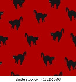 Patrón sin foco Gatos negros de Halloween con ojos verdes brillantes sobre fondo rojo. Impresión espeluznante de sombra de gatito oscuro, eps de diseño vectorial 10
