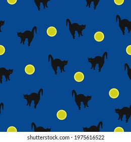 Seamless pattern Halloween black cats and glowing full moon on blue background. Dark kitty shadow and yellow moonlight spooky print. Mystery wicked cat at midnight sky texture, vector design eps 10