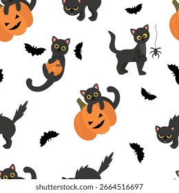 Patrón sin fisuras con gatos negros de Halloween y calabazas