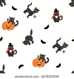 Patrón sin fisuras con gatos negros de Halloween y calabazas	