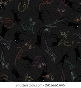 Seamless pattern with a Halloween black and colored cats. Flat cartoon kittens lie, sleep, stretch. Outline pets on a dark background. Drawn cute repeating print