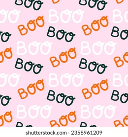 Seamless pattern of Halloween Boo doodle text on isolated background. Background in traditional colours for Halloween celebration, textiles, wall papers, wrapping paper, scrapbooking. 