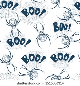 seamless pattern Halloween Boo and spider web, hand drawing style, vector