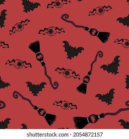 seamless pattern halloween, brooms, flying eyes, bats