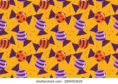 Patrón sin foco para Halloween con caramelos, copas. Ilustración vectorial al estilo de las caricaturas. El fondo es brillante para Halloween o fiesta de cumpleaños con dulces.