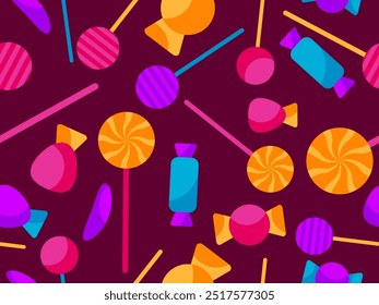 Patrón sin fisuras con caramelos de Halloween. Caramelos de Halloween y piruletas, truco o trato. Diseño de caramelos dispersos para Fondos de pantalla, envoltorios, fundas y Anuncios. Ilustración vectorial