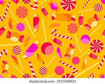 Patrón sin fisuras con caramelos de Halloween. Caramelos de Halloween y piruletas, truco o trato. Diseño de caramelos dispersos para Fondos de pantalla, envoltorios, fundas y Anuncios. Ilustración vectorial