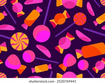 Seamless pattern with Halloween candies. Halloween candies and lollipops, trick or treat. Scattered candy design for wallpapers, wrappers, covers and banners. Vector illustration