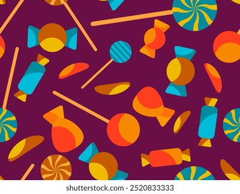 Patrón sin fisuras con caramelos de Halloween. Caramelos de Halloween y piruletas, truco o trato. Diseño de caramelos dispersos para Fondos de pantalla, envoltorios, fundas y Anuncios. Ilustración vectorial