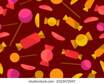 Patrón sin fisuras con caramelos de Halloween. Caramelos de Halloween y piruletas, truco o trato. Diseño de caramelos dispersos para Fondos de pantalla, envoltorios, fundas y Anuncios. Ilustración vectorial