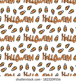 Seamless pattern with halloween candies and text on white background. Vector image. 