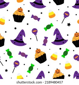 Seamless pattern Halloween candy cupcakes vector illustration