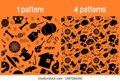 Seamless pattern of Halloween candy on orange background
