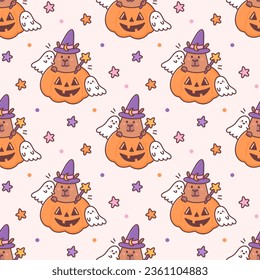 Seamless pattern with Halloween capybara. Vector autumn illustration with cartoon characters in kawaii style. Cute wallpaper with animal - wizard, in jack-o'-lantern with little cute ghosts