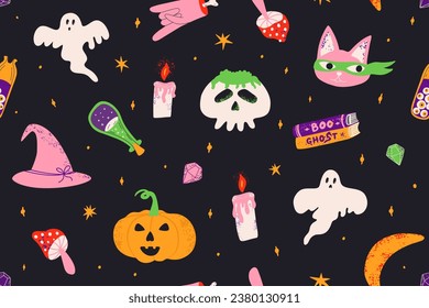 Seamless pattern with Halloween cartoon elements. Dark background with a witchs potion, ghost and other decor for the holiday. Vector illustration for textile, wrapping paper, fabric.