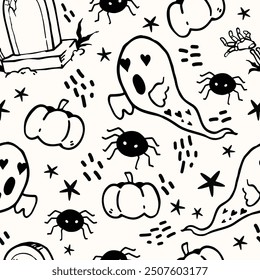 Seamless pattern halloween cartoon theme of ghost, grave, spider and pumpkin. Groovy doodle style, Pattern design for fabric and wrapping paper, wallpaper and fashion prints.