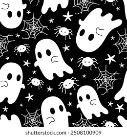 Seamless pattern halloween cartoon theme of ghost, spider and spider web. Groovy doodle style, Black and white color tone, Pattern design for fabric and wrapping paper, wallpaper and fashion prints.