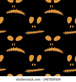 Seamless pattern with halloween carved jack faces silhouettes on black background. Can be used for scrapbook digital paper, textile print, page fill. Vector illustration