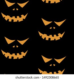 Seamless pattern with halloween carved jack faces silhouettes on black background. Can be used for scrapbook digital paper, textile print, page fill. Vector illustration