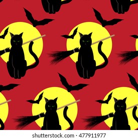 seamless pattern to the Halloween from cat, bats and witch broom