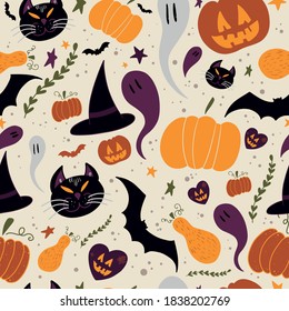 Seamless Pattern Halloween Cat Pumpkin Ghost