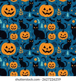 Seamless Pattern Halloween with Cat and Pumpkin