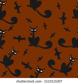 Seamless pattern of Halloween cats and bats in black, traditional orange background 