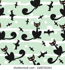Seamless pattern of Halloween cats and bats in black, traditional orange background. Good for textile print, web, paper, wrapping, fabric, backgrounds, cards, postcards, page fill.