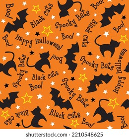 Seamless pattern of Halloween Cats, Bats, and Stars with wordings-Halloween Vector Design 