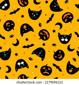 Seamless pattern with halloween. Cats, pumpkins, moon, bats for a festive autumn print. Vector graphics.