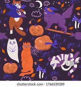 Seamless pattern with halloween cats. Vector graphics.