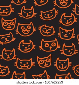 Seamless pattern with Halloween cats. Vector illustration.  Design element for banner, wallpaper, wrapping paper, fabric.