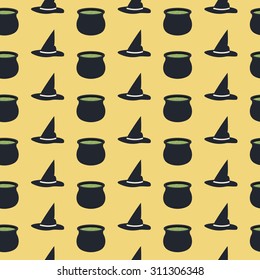 Seamless pattern for Halloween with cauldron and hat