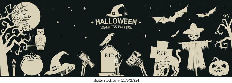 Seamless pattern for Halloween celebration with retro grunge effect. Halloween background with flying bats, old farm, moon, tree, spider and ghost silhouette. Vector illustration.