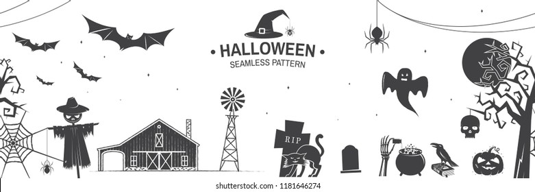 Seamless pattern for Halloween celebration silhouette. Halloween background with flying bats, old farm, moon, tree, spider and ghost silhouette. Vector illustration.