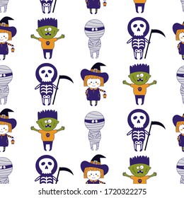 Seamless pattern with Halloween character (Witch, Mummy, Skeleton, Monster) on a white background.