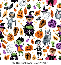 Seamless pattern of Halloween characters, Children in funny and scary witch, vampire and monster costumes background