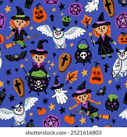 Seamless pattern of Halloween characters, Children in funny and scary witch, vampire and monster costumes background