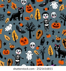 Seamless pattern of Halloween characters, Children in funny and scary witch, vampire and monster costumes background