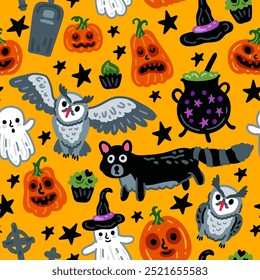 Seamless pattern of Halloween characters, Children with funny and owl, pumpkin, ghost background