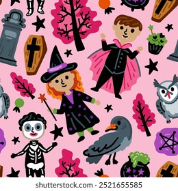 Seamless pattern of Halloween characters, Children with funny and scary witch, vampire and monster costumes background