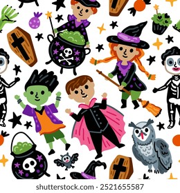 Seamless pattern of Halloween characters, Children with funny and scary witch, zombie and monster costumes background