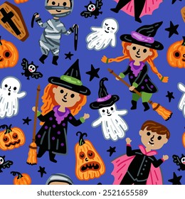 Seamless pattern of Halloween characters, Children with funny pumpkin and scary witch, owl and mummy costumes background