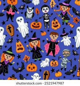 Seamless pattern of Halloween characters, Children in funny and scary witch, vampire and monster costumes background