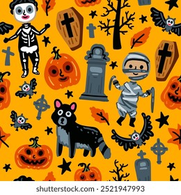 Seamless pattern of Halloween characters, Children with funny pumpkin and scary zombie, owl and mummy costumes background