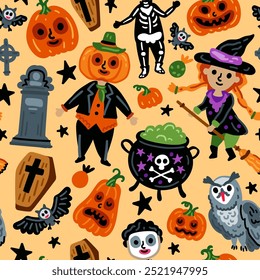 Seamless pattern of Halloween characters, Children with funny and scary witch, owl, monster costumes background