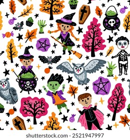 Seamless pattern of Halloween characters, Children in funny and scary witch, vampire and monster costumes background