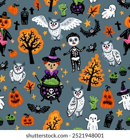 Seamless pattern of Halloween characters, Children in funny and scary witch, vampire and monster costumes background