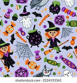 Seamless pattern of Halloween characters, Children in funny and scary witch, web and ghost costumes background